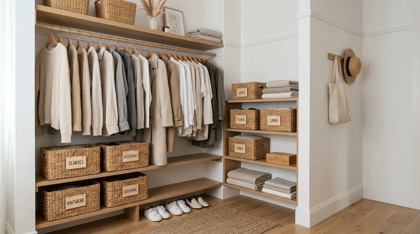 Use baskets and labels for a calmer corner inspiration for a closet.